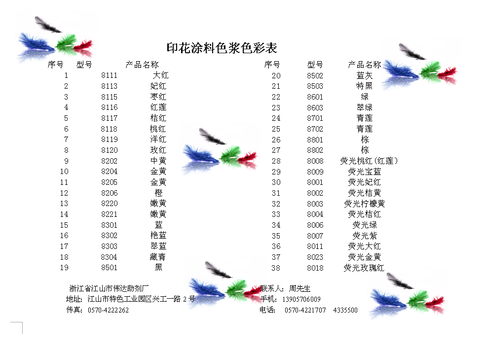 印花涂料色浆色彩表